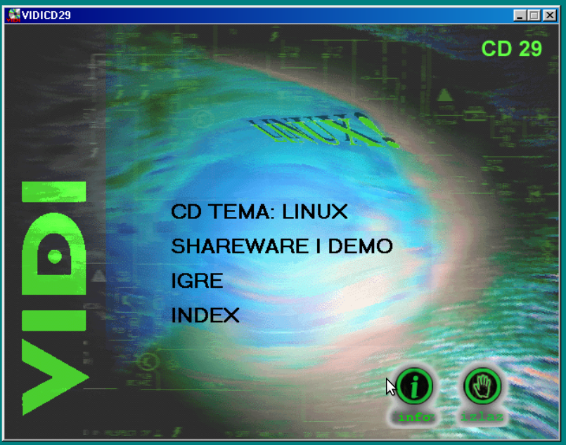 VIDI CD 29 launcher showing “CD TEMA: LINUX”